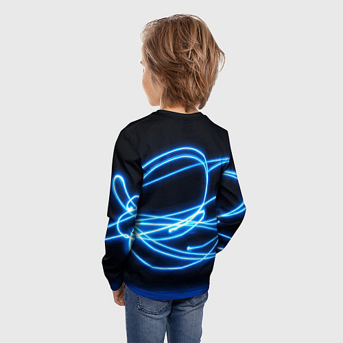 Детский лонгслив Неоновые голубые волны на черном фоне / 3D-принт – фото 4