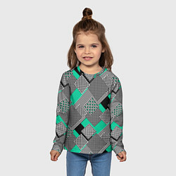 Лонгслив детский Черно бирюзовая абстрактная геометрия пэчворк, цвет: 3D-принт — фото 2