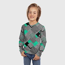 Лонгслив детский Черно бирюзовая абстрактная геометрия пэчворк, цвет: 3D-принт — фото 2
