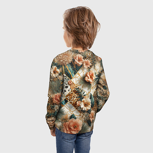 Детский лонгслив Цветы на кусках мрамора и леопардовом узоре / 3D-принт – фото 4