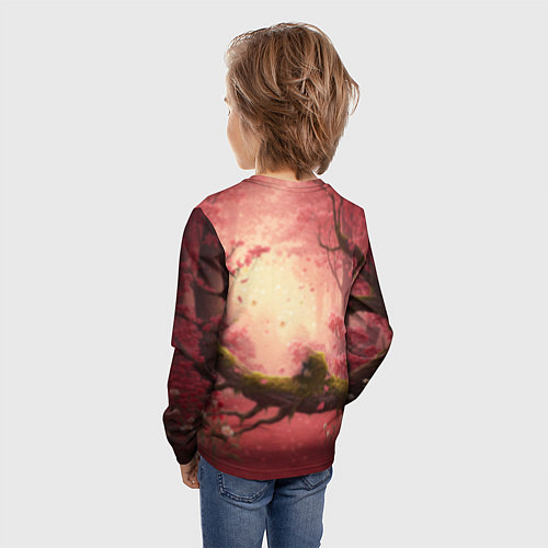 Детский лонгслив Желтая птица в розовом цветущем лесу / 3D-принт – фото 4