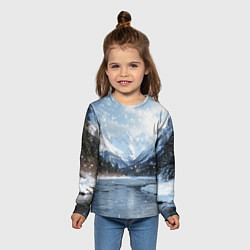 Лонгслив детский Снежный горный пейзаж с елями и рекой, цвет: 3D-принт — фото 2