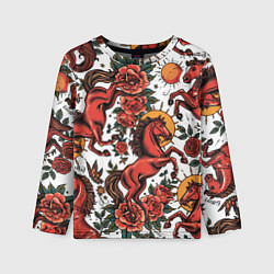 Лонгслив детский Красный конь в стиле татуировки, цвет: 3D-принт