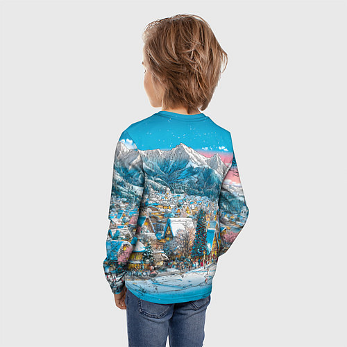 Детский лонгслив Новогодняя деревушка в горах / 3D-принт – фото 4