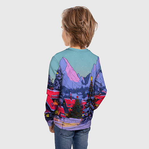 Детский лонгслив Новогодние елки в горном городке / 3D-принт – фото 4
