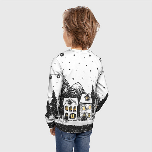 Детский лонгслив Черно-белый новогодний город / 3D-принт – фото 4