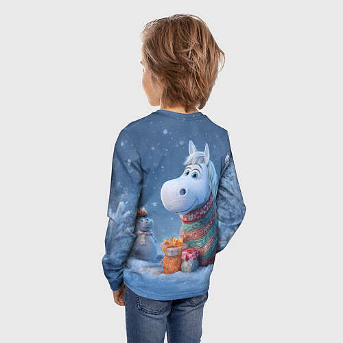 Детский лонгслив Новогодняя лошадь с подарками / 3D-принт – фото 4