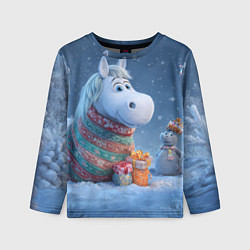 Детский лонгслив Новогодняя лошадь с подарками