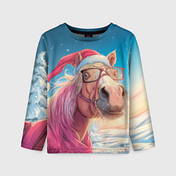 Лонгслив детский Новогодняя лошадь в очках, цвет: 3D-принт