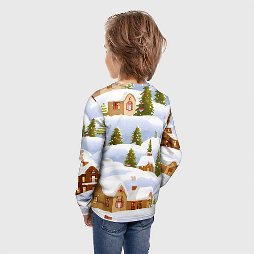 Детский лонгслив Новогодние домики и елочки / 3D-принт – фото 4