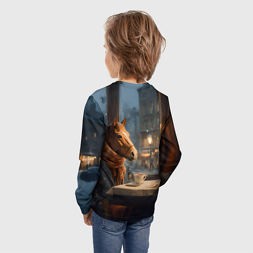 Детский лонгслив Лошадь в кафе ищет новогоднее настроение / 3D-принт – фото 4