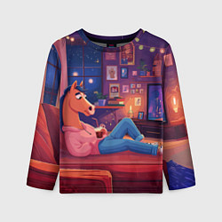 Детский лонгслив Конь в Новогодние праздники у телевизора