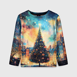 Детский лонгслив Новогодняя елка за городом