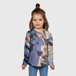 Лонгслив детский Белая лошадь на фоне елки, цвет: 3D-принт — фото 2