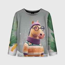 Лонгслив детский Новогодняя лошадка хипстер, цвет: 3D-принт