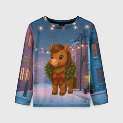 Лонгслив детский Лошадка с новогоднем венком 2026, цвет: 3D-принт