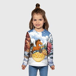 Лонгслив детский Новогодняя лошадка прыгает через оливье, цвет: 3D-принт — фото 2