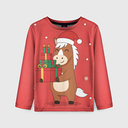 Детский лонгслив Новогодняя лошадка с подарками
