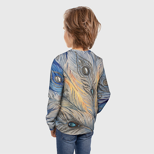 Детский лонгслив Синие перья с самоцветами / 3D-принт – фото 4