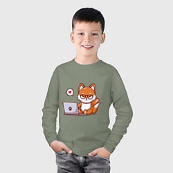 Лонгслив хлопковый детский Cute fox and laptop, цвет: авокадо — фото 2