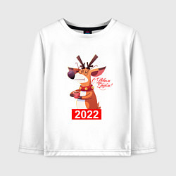 Лонгслив хлопковый детский Недовольный олень с чашечкой кофе, новый год 2022, цвет: белый