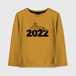 Лонгслив хлопковый детский Новогодний Тигр лежит на цифре 2022, цвет: горчичный