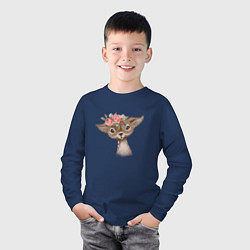 Лонгслив хлопковый детский Олененок с цветами, цвет: тёмно-синий — фото 2