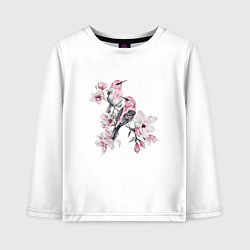 Лонгслив хлопковый детский Розовые птицы и цветы магнолии, цвет: белый