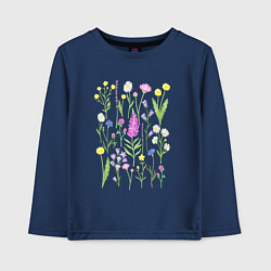 Лонгслив хлопковый детский Полевые цветы, растения акварелью Ботаника, цвет: тёмно-синий