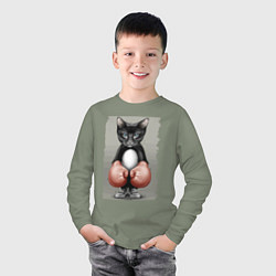 Лонгслив хлопковый детский Крутой котяра в боксёрских перчатках Cool cat in b, цвет: авокадо — фото 2
