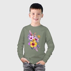 Лонгслив хлопковый детский Цветы Разноцветные Гибискусы, цвет: авокадо — фото 2