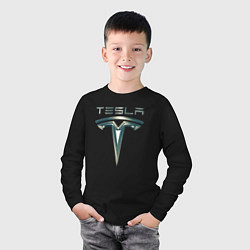 Лонгслив хлопковый детский Tesla Logo Тесла Логотип Карбон, цвет: черный — фото 2
