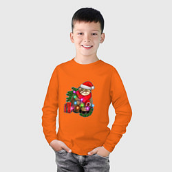 Лонгслив хлопковый детский Новогодний манул с подарком, цвет: оранжевый — фото 2