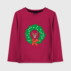 Лонгслив хлопковый детский Рождественский венок с оленем, цвет: маджента