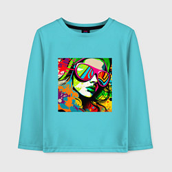 Лонгслив хлопковый детский Женское лицо в солнцезащитных очках, граффити поп, цвет: бирюзовый