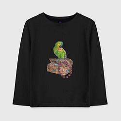 Лонгслив хлопковый детский Зеленый попугай на сундуке с сокровищами, цвет: черный