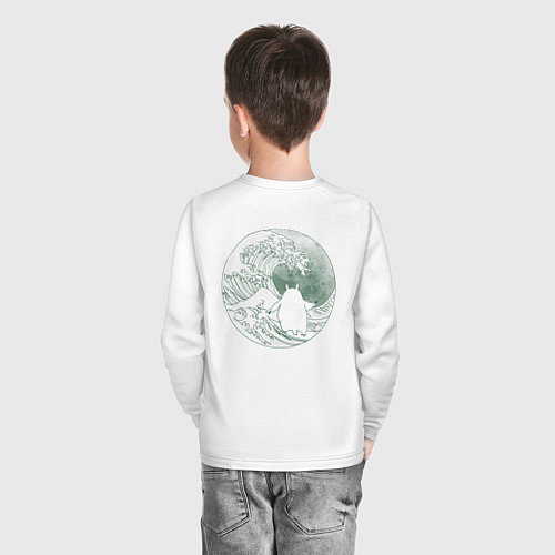 Детский лонгслив Тоторо серфит на большой волне в канагаве - зелены / Белый – фото 4