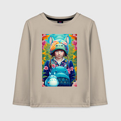 Лонгслив хлопковый детский Girl with Totoro - fantasy - neural network, цвет: миндальный