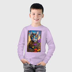 Лонгслив хлопковый детский Кот в стиле стимпанк - нейросеть - искусство, цвет: лаванда — фото 2
