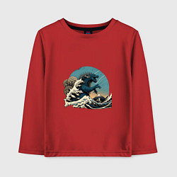 Лонгслив хлопковый детский Годзилла в Большой волне у Канагавы, цвет: красный