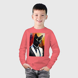 Лонгслив хлопковый детский Gentleman cat - meme - neural network, цвет: коралловый — фото 2