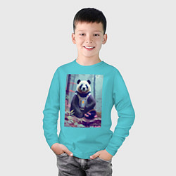 Лонгслив хлопковый детский Панда в кибер-жилете - нейросеть, цвет: бирюзовый — фото 2