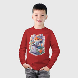 Лонгслив хлопковый детский Лиса геймер за компьютером, цвет: красный — фото 2