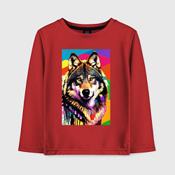 Лонгслив хлопковый детский Красочный волк - поп-арт - нейросеть, цвет: красный