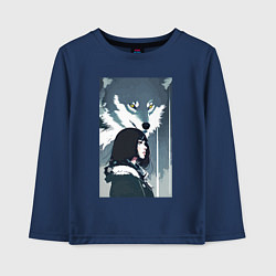 Лонгслив хлопковый детский Девушка под защитой волка - нейросеть - аниме, цвет: тёмно-синий