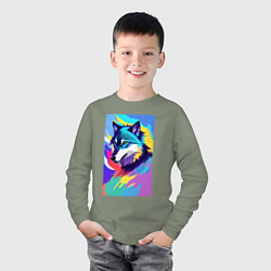 Лонгслив хлопковый детский Wolf - pop art - neural network, цвет: авокадо — фото 2