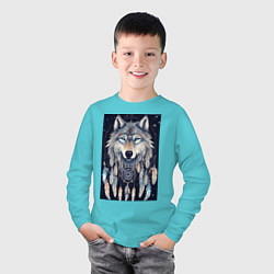 Лонгслив хлопковый детский Шаман волк, цвет: бирюзовый — фото 2