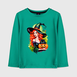 Лонгслив хлопковый детский Рыжая ведьма с тыквой и черным котом, цвет: зеленый