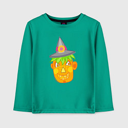 Лонгслив хлопковый детский Веселая тыква в шляпе: для вечеринки на Хэллоуин, цвет: зеленый