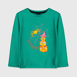 Лонгслив хлопковый детский Паук, тыквы и паутина: вечеринка на Хэллоуин, цвет: зеленый